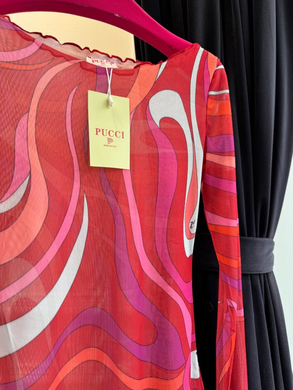🍓Emilio Pucci Retro Wave Pattern Mesh Top Scalloped Neck & Hem Long Sleeve Shir - Picture 5 of 6